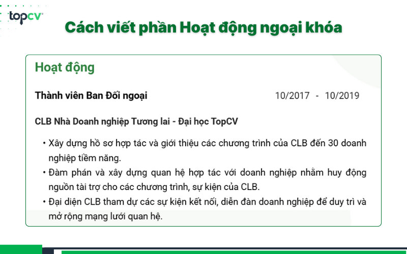 Cách viết phần Hoạt động ngoại khóa trong CV